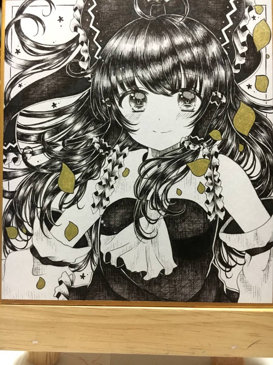東方Project 同人手描きイラスト 博麗霊夢 モノクロ画 小色紙(手描き