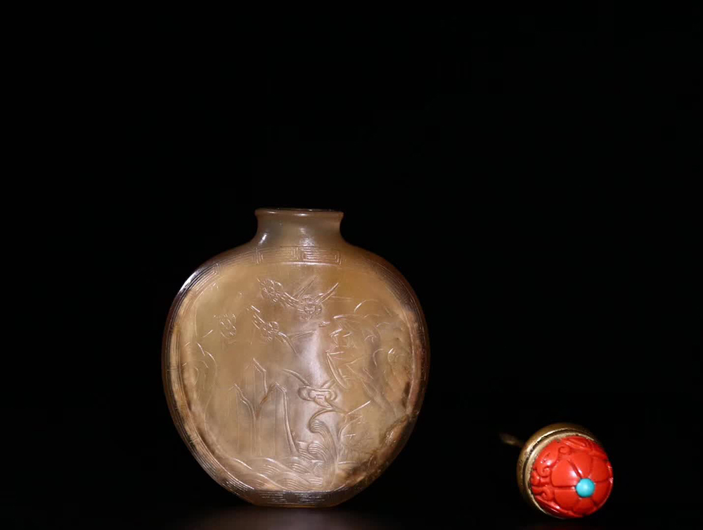 清期-冰糖瑪瑙「山水物語」鼻煙壷【サイズ】高さ8.4*5.8×2.0cm 重さ