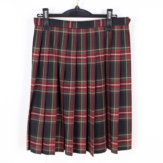 1円 スクールスカート 大きいサイズ 学生服 冬物 20車ヒダ w70-丈56 木更津総合高校 プリーツ 制服 中古 チェック(紺/緑/赤)XE3276