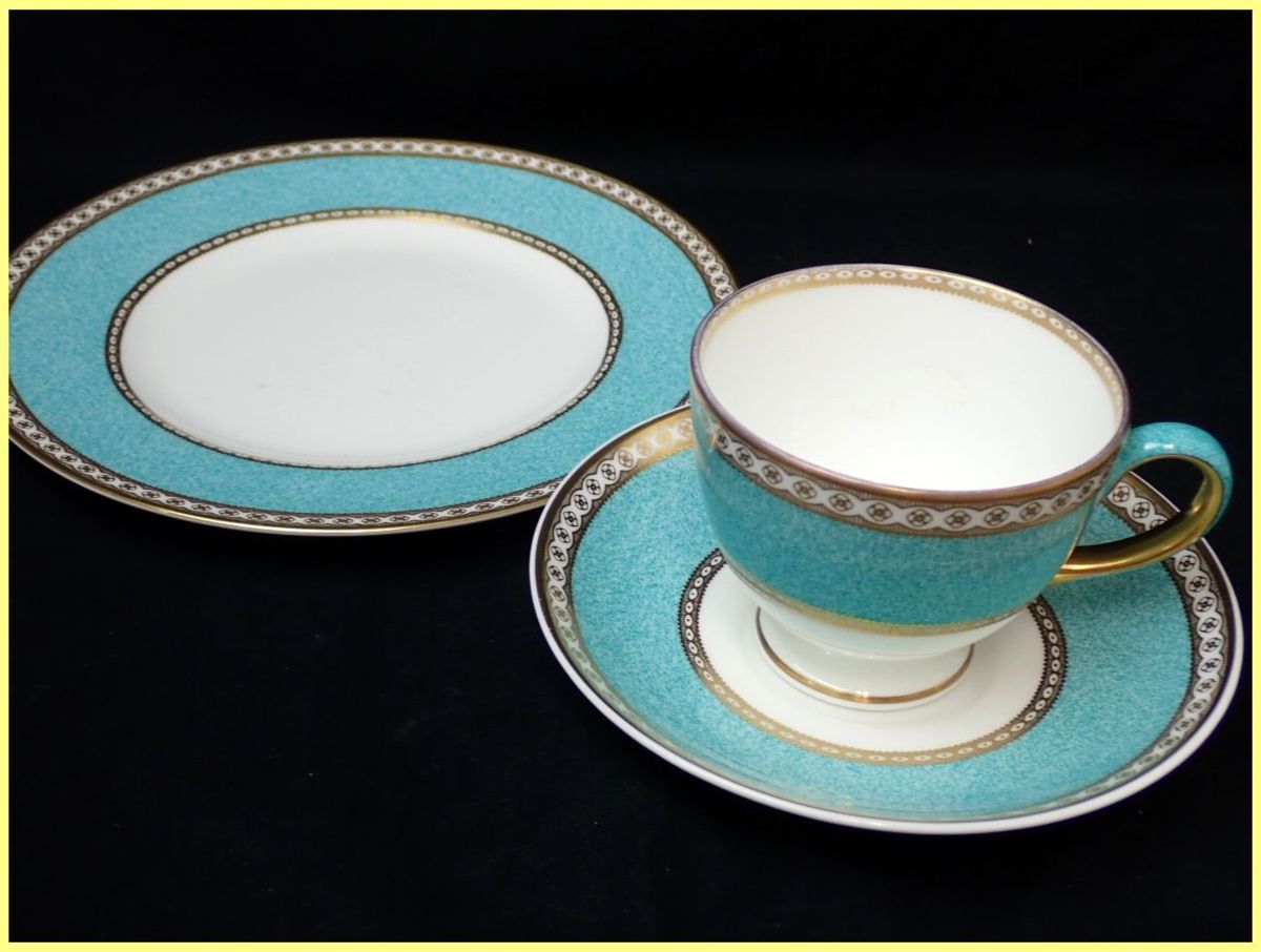 ★WEDGWOOD/ウェッジウッド ユーランダー トリオセット/カップ&ソーサー + デザートプレート/ターコイズ/金彩/ボーンチャイナ#12169799