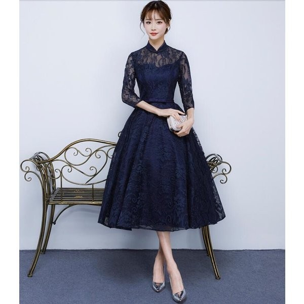 パーティー ドレス ワンピース 結婚式 袖あり レース ウェディング 大人 ロング丈 お呼ばれ 披露宴 二次会 卒業式 成人式