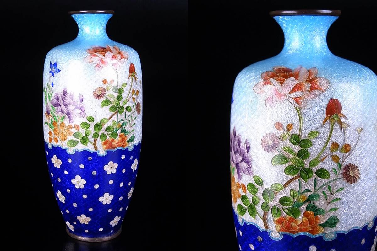 優美な色彩　明治期　英国里帰り品　純銀植線　草花文　銀張り七宝花瓶　美品　
