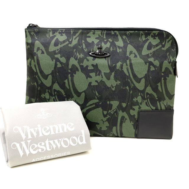 j002b新品 Vivienne Westwood ヴィヴィアン ウエストウッドマン/ メンズ クラッチバッグ WATER ORB/ カモフラ柄/日本製/カーキ
