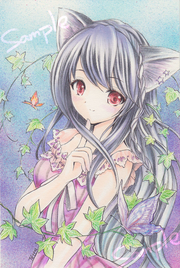 手描き イラスト オリジナル 猫耳 女の子 葉っぱ 蝶 原画 ポストカード