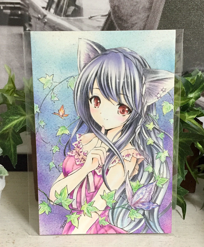 手描き イラスト オリジナル 猫耳 女の子 葉っぱ 蝶 原画 ポストカード