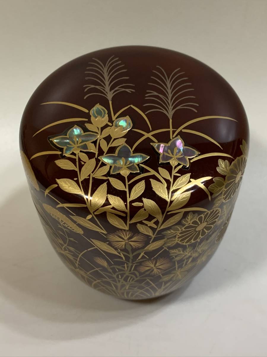 大棗 茶道具 ウ258 棗『奥津一心斉作』『月に秋草鈴虫蒔絵 共箱』漆塗