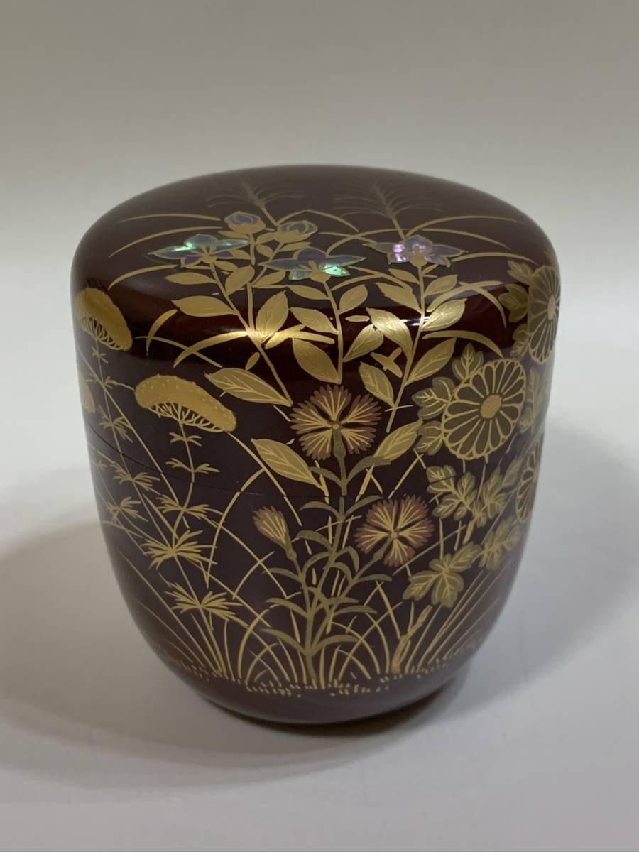 大棗 茶道具 ウ258 棗『奥津一心斉作』『月に秋草鈴虫蒔絵 共箱』漆塗