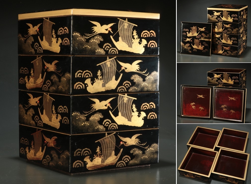 夢讃岐】時代逸品/木製本漆塗 蒔絵 4段重箱 240x240 ju888