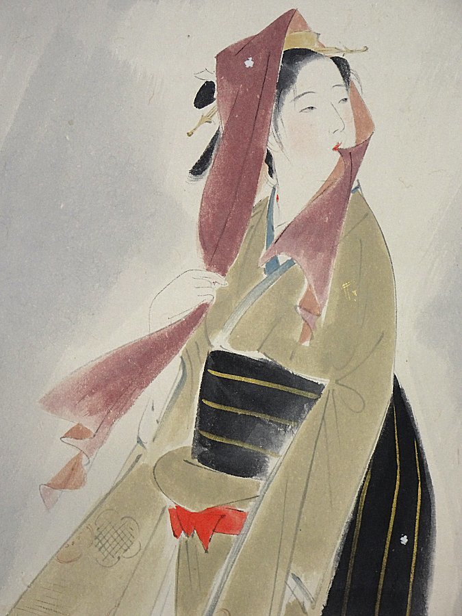 掛け軸 美人画 山川秀峰 Yahoo!オークション 鏑木清 - 金襴表装 真筆