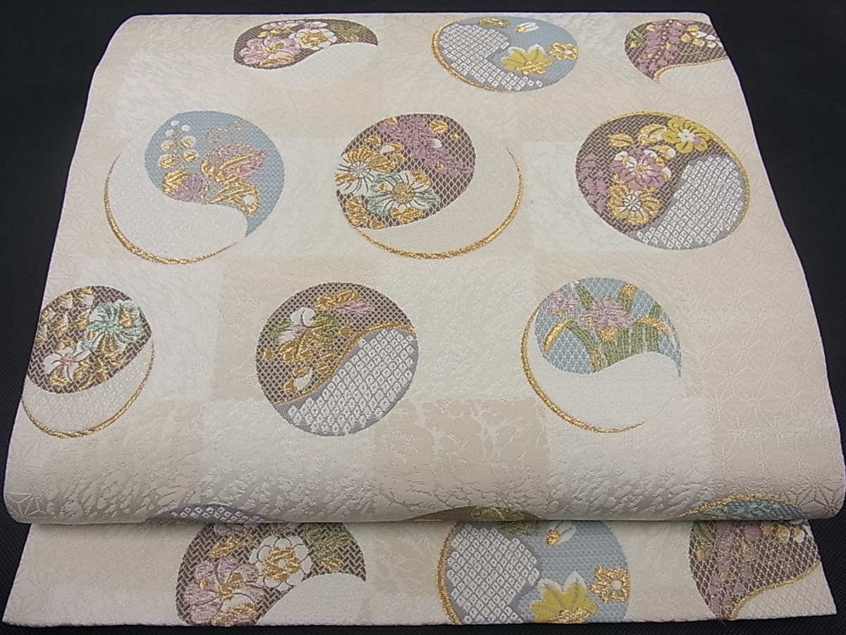 着物屋こころ□極上 六通柄袋帯 唐織 市松花丸文 金糸 逸品 vg065