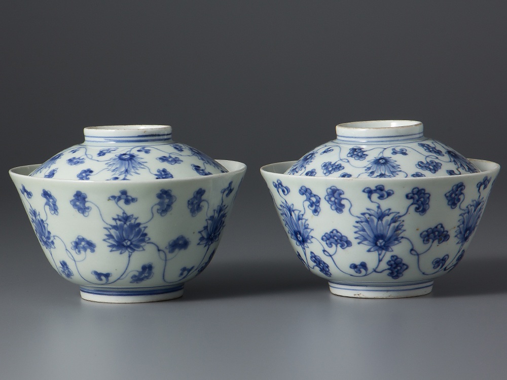 蔵c1409b】古伊万里 蓋茶碗 雪輪 二客 染付 【公式通販】