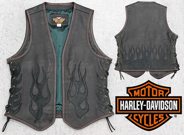 HARLEY DAVIDSON レザーベスト ファイヤーパターン エンボス L 豪華ファイヤーパターン！ハーレーダビッドソン HARLEY-DAVIDSON 牛革