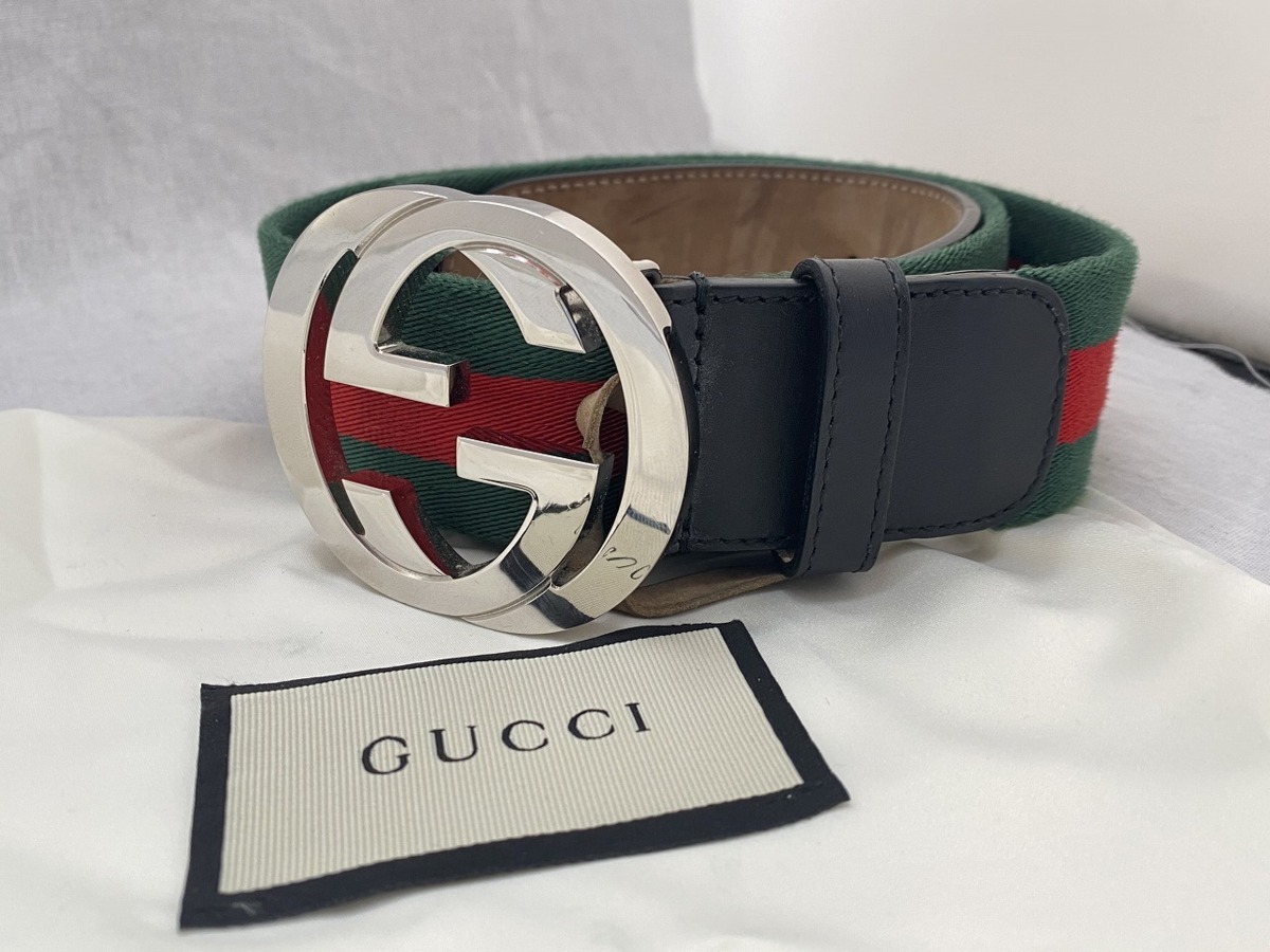 ■綺麗【GUCCI グッチ ウェブ ベルト（G バックル） グリーン/レッド ブラック 411924 インターロッキングG サイズ95 保存袋】SH-10284
