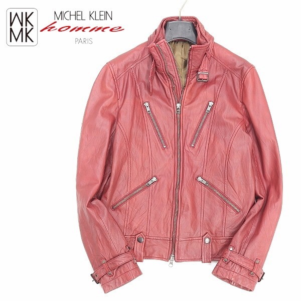 MK MICHEL KLEIN 赤 シングル ライダース ジャケット 羊革｜メンズ