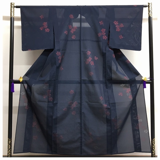美品 夏物 正絹 風通紗 小紋 花模様 濃紺 仕付け糸付き 身丈152 裄62