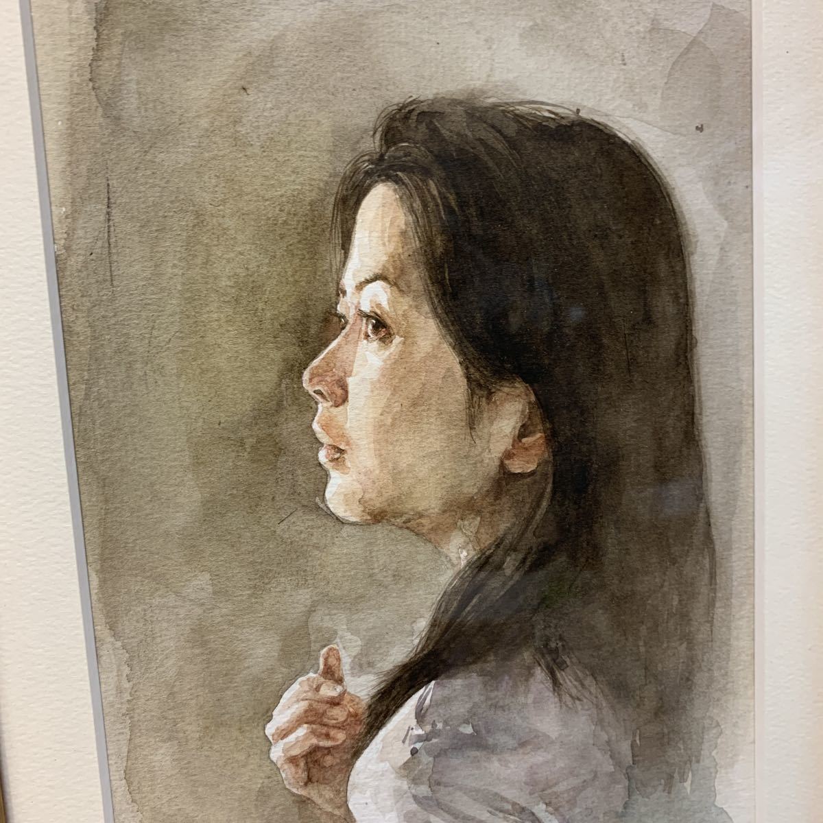 ⑥ 森吉健 人物画 真作 水彩画 冬日 額付き 画家 中古 画廊 人物画