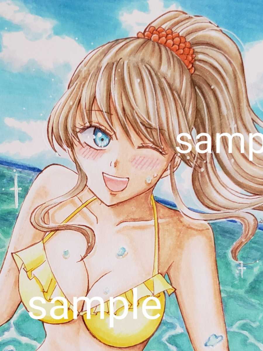 手描きイラスト オリジナル 原画 【海と水着の女の子】夏 ポニーテール