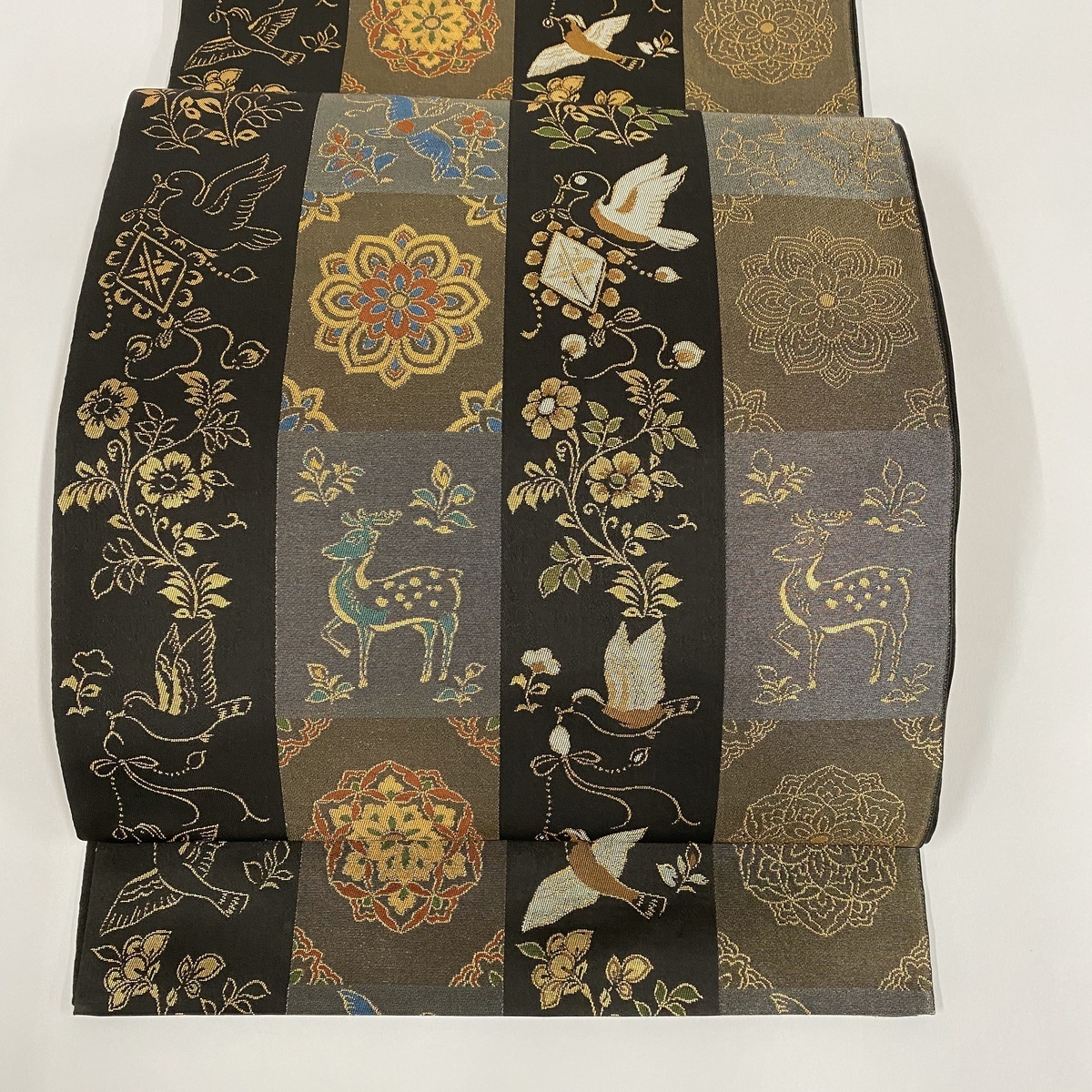 袋帯 箔 川島織物 華文 逸品 六通 落款あり 鳥 黒 美品 正絹 金糸
