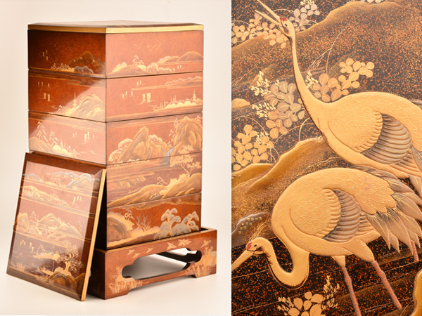 流】木製漆器 時代 本金蒔絵五段重箱 箱付 JO619 【公式通販】