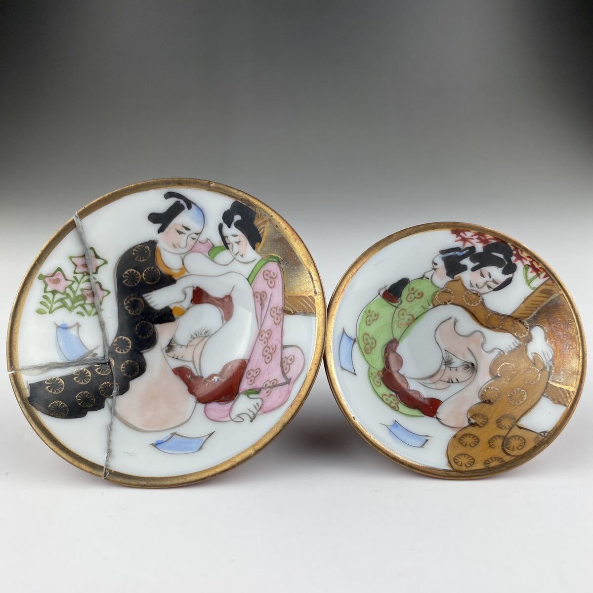 ◆九谷焼 三十六歌仙図 春画 盃 杯 計3点 手描き 金彩色絵_5