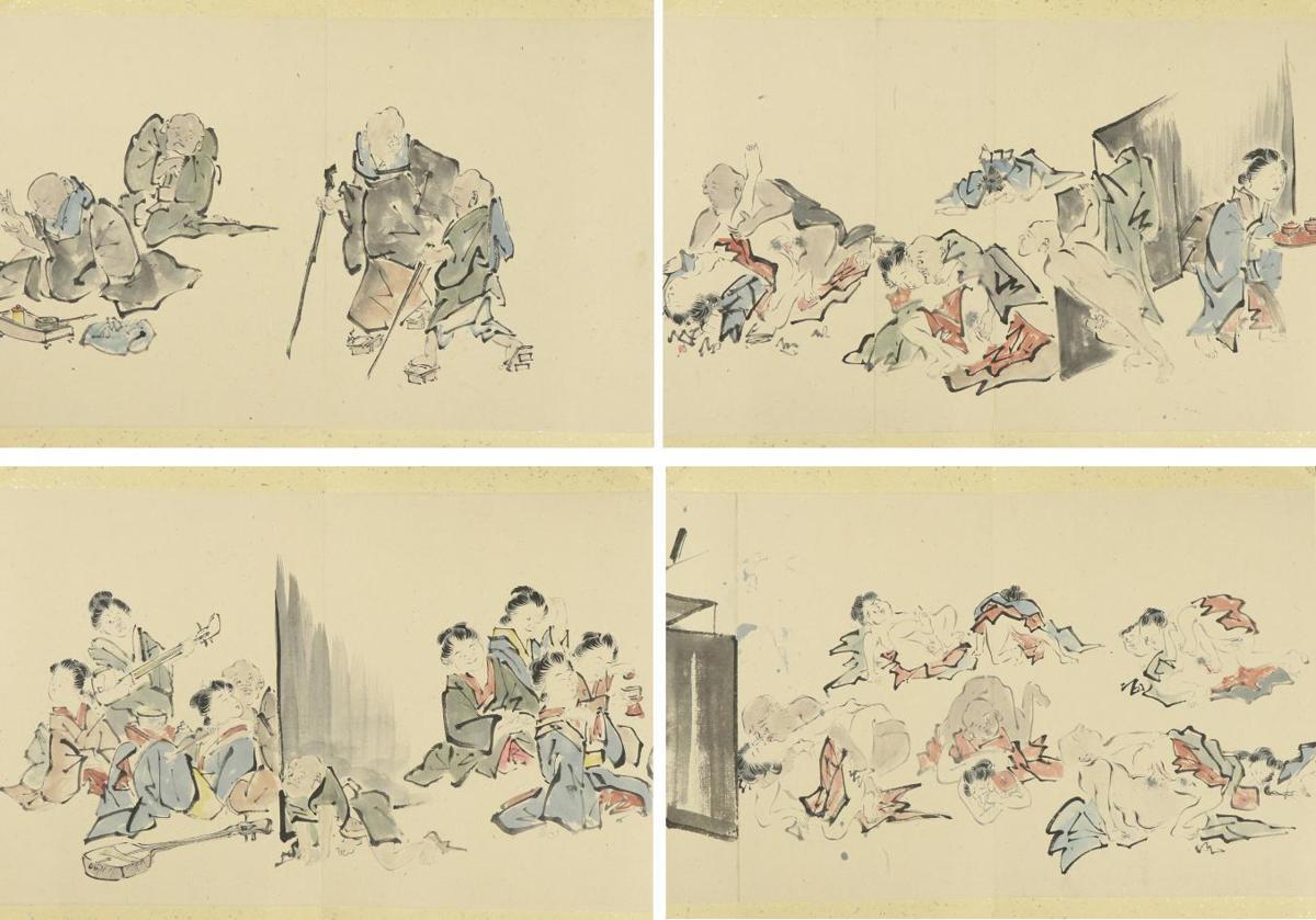 河鍋暁斎の春画模写 模写】◇河鍋暁斎◇画4090cm◇盲戯◇春画◇画帖◇紙本◇掛軸◇h387