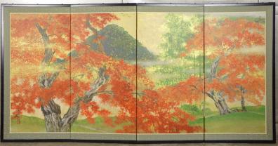 都屋】4 伊藤嘉晃「小倉山紅葉図」複製画 小屏風 高さ 約