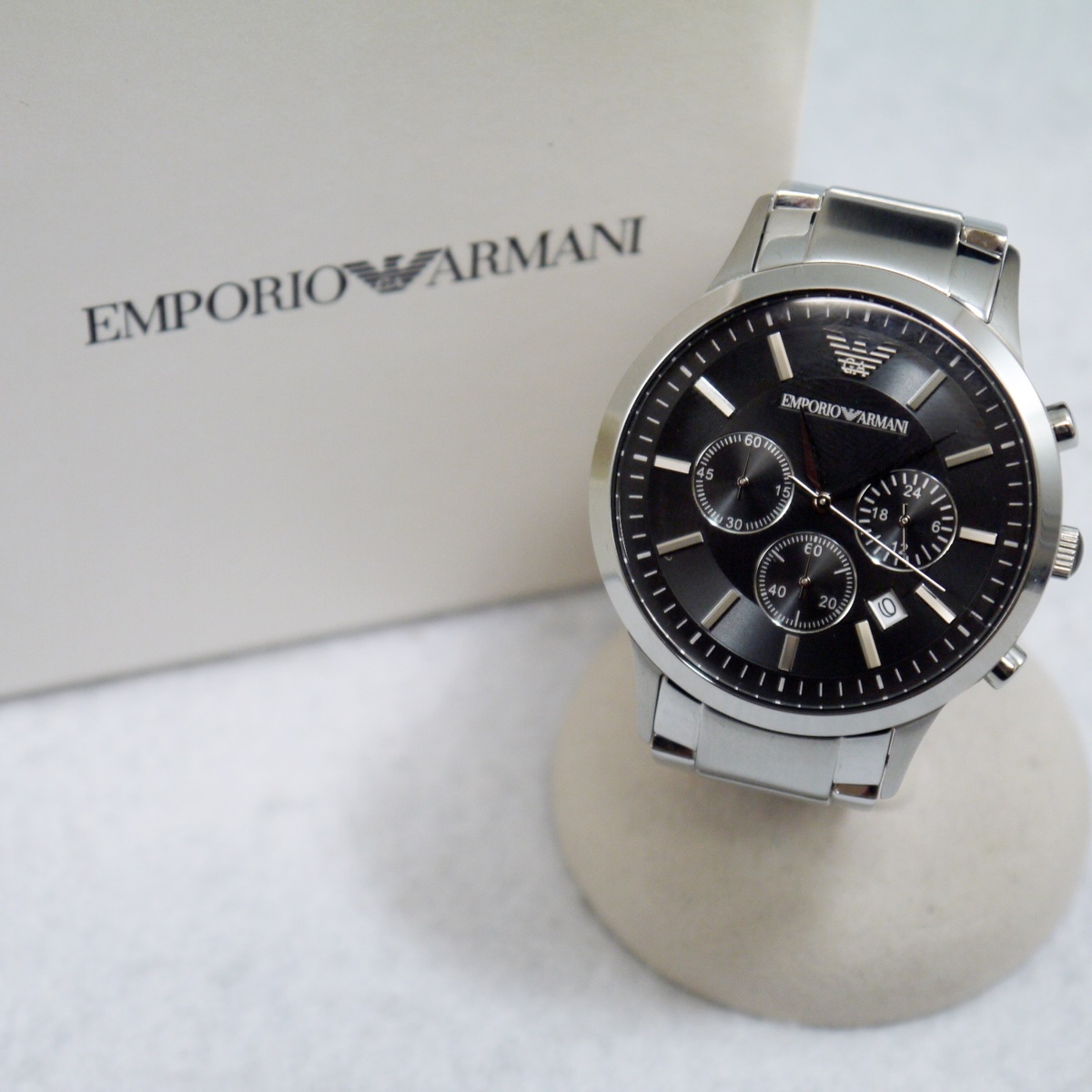 USED良品・動作品 EMPORIO ARMANI エンポリオアルマーニ AR-2434 クオーツ 腕時計 クロノグラフ デイト 外箱/ケース/コマ付き