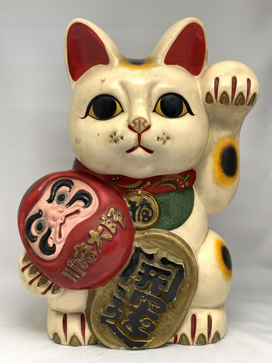 招き猫 置物 アンティーク 3034 古い招き猫 黒白 2体 磁器製 土人形
