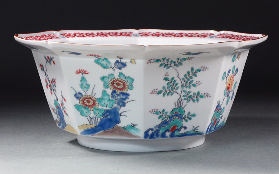 十二代 酒井田柿右衛門 錦 草花紋 八角 菓子器 鉢 共