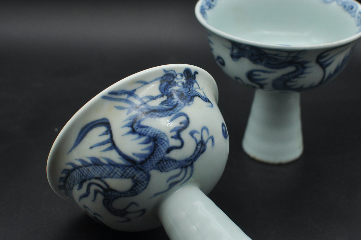 ☆唐物古玩古董☆元時代 希少珍品 染付 青花龍紋 高足對碗 品相狀況