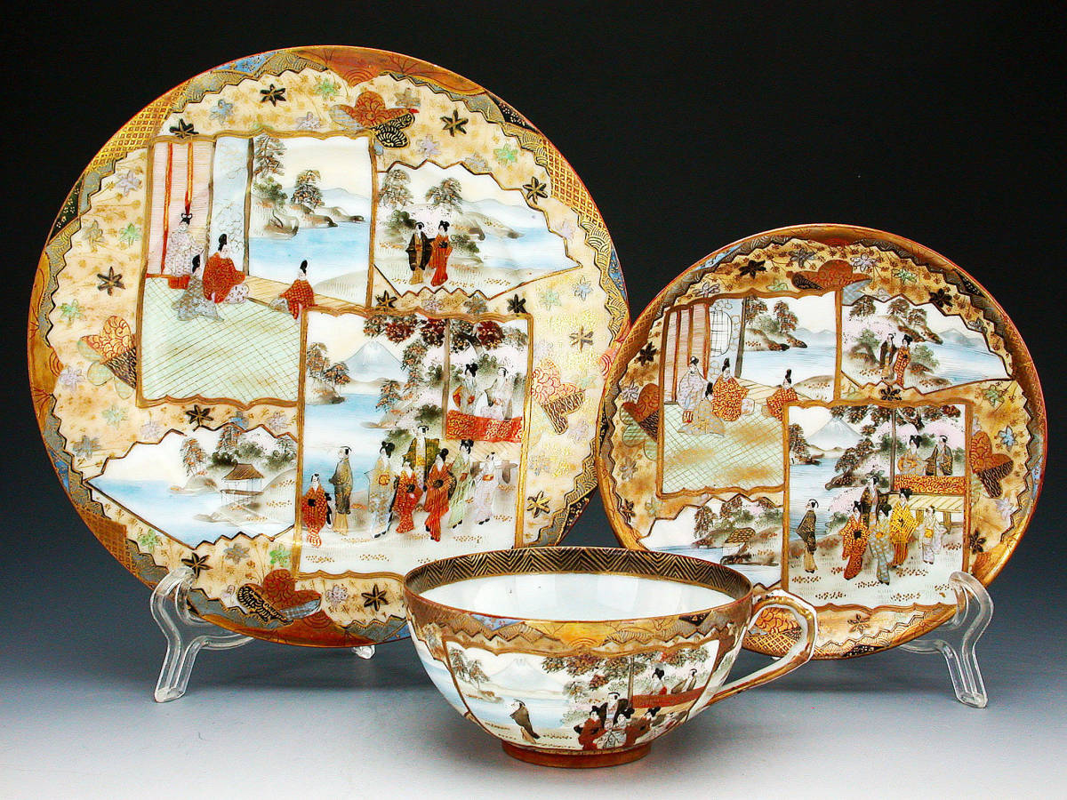 オールドニッポン銘品!! オールドニッポン 奥村画・金彩手彩色窓風景文