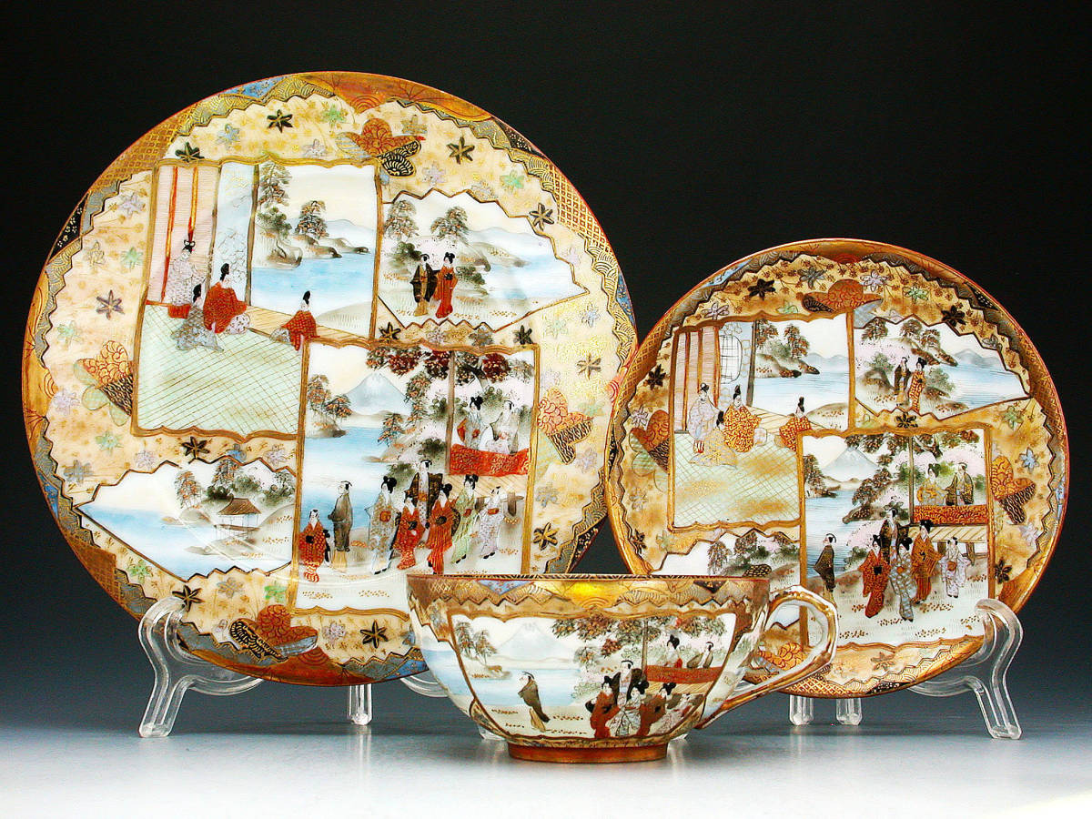 里帰り オールドニッポン エッグシェル 金彩 色絵花鳥図紋 キャビネットトリオ オールドニッポン銘品!! オールドニッポン 奥村画・金彩手彩色窓風景文