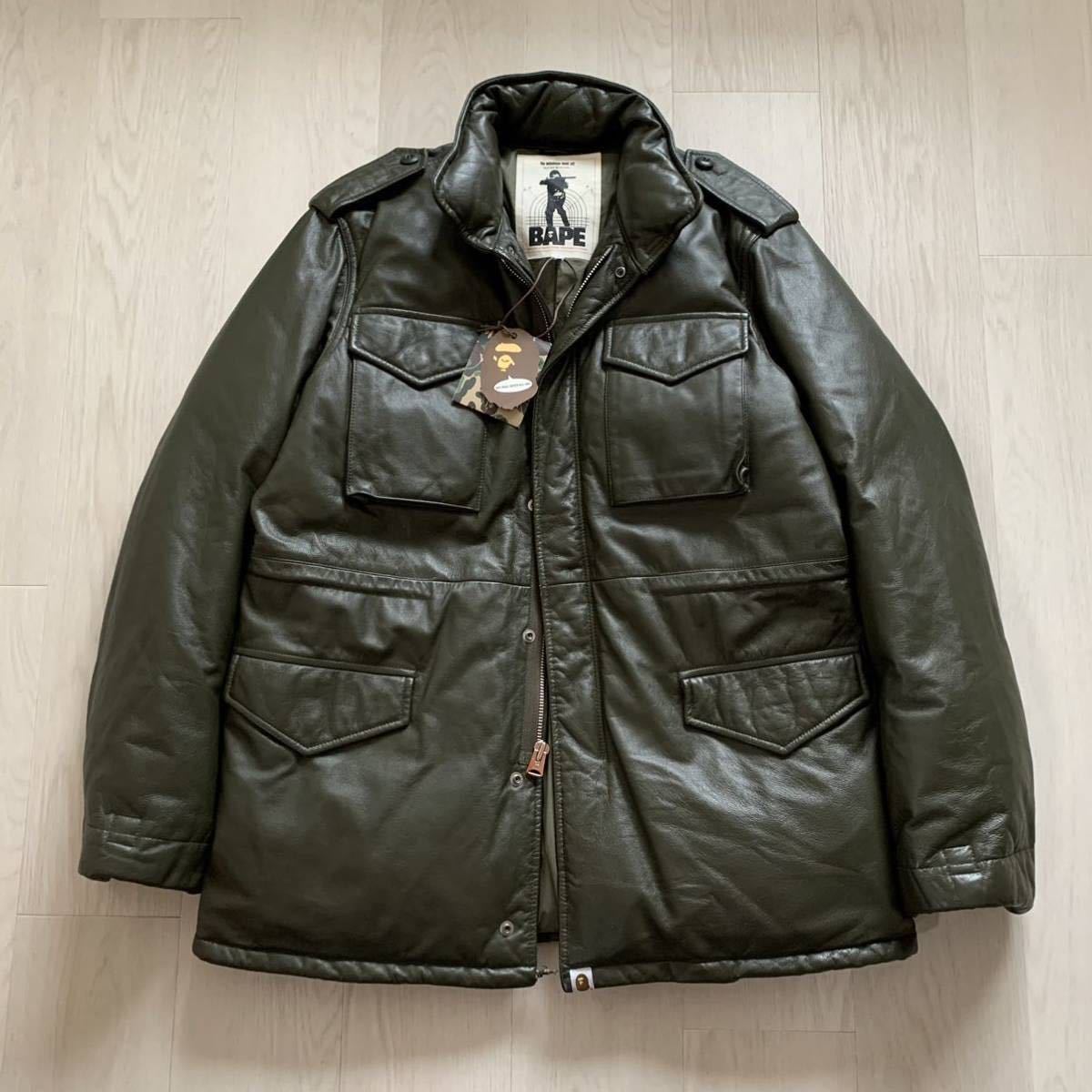希少 美品 A BATHING APE M-65 レザー ダウン ジャケット L カーキ 