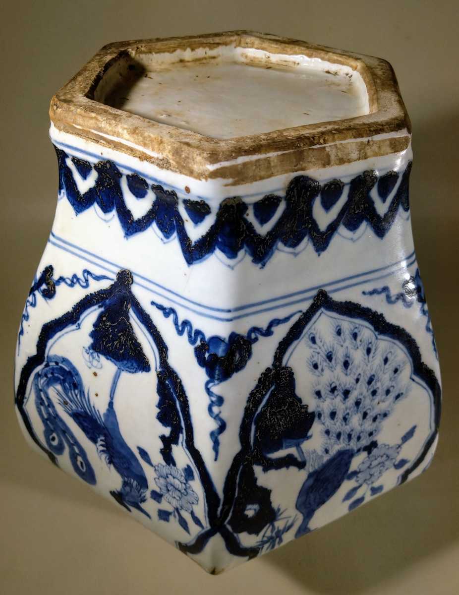 壺 時代唐物 染付 [鳥山水風景絵] 六角壺 中国現地買付
