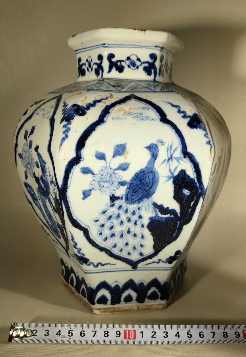 壺 時代唐物 染付 [鳥山水風景絵] 六角壺 中国現地買付
