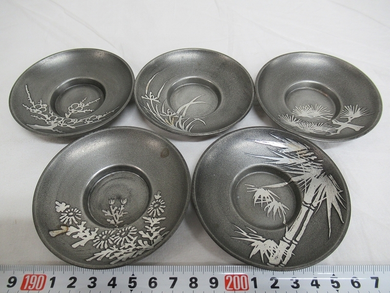 錫半　上錫　茶托 5客 茶托 公式通販 五客 古錫 乾茂號造在銘 托子 5