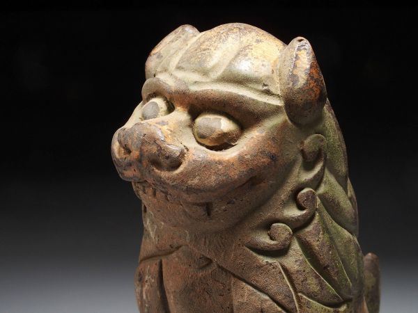 獅子 一対 骨董・彫刻☆時代木彫 木彫彩色狛犬 cq067tell.3 古い