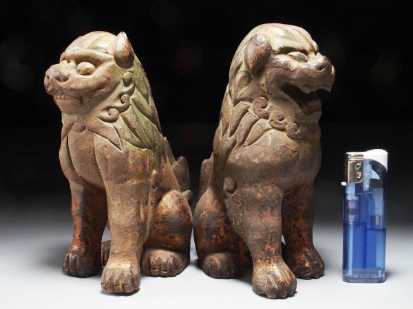 獅子 一対 骨董・彫刻☆時代木彫 木彫彩色狛犬 cq067tell.3 古い