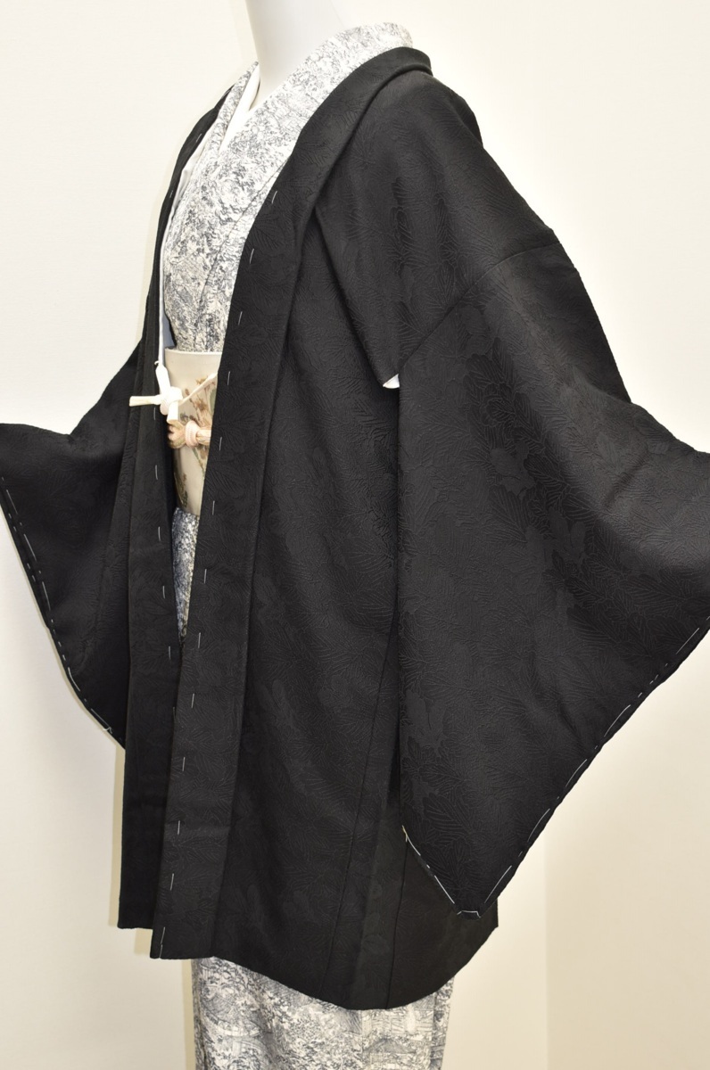 ちどりや】美品 正絹 黒羽織 袷 身丈85.5cm/裄66cm 丸に剣片喰紋 染一 