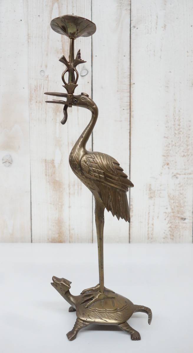 美術品・アンティーク・コレクション 鶴亀 燭台 金属工芸 仏具 蝋燭