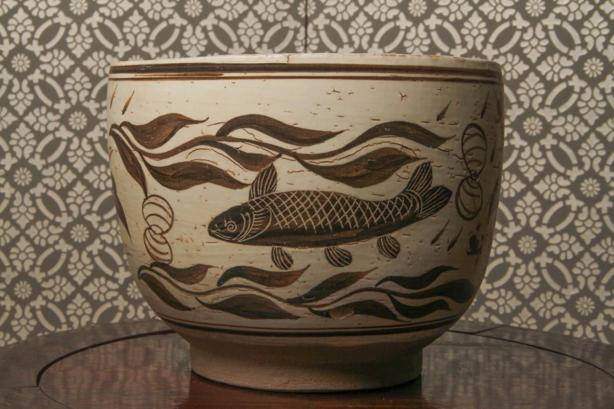 後】M011【岐阜県田中先生コレクター旧蔵品】磁州窯魚紋鉢 古