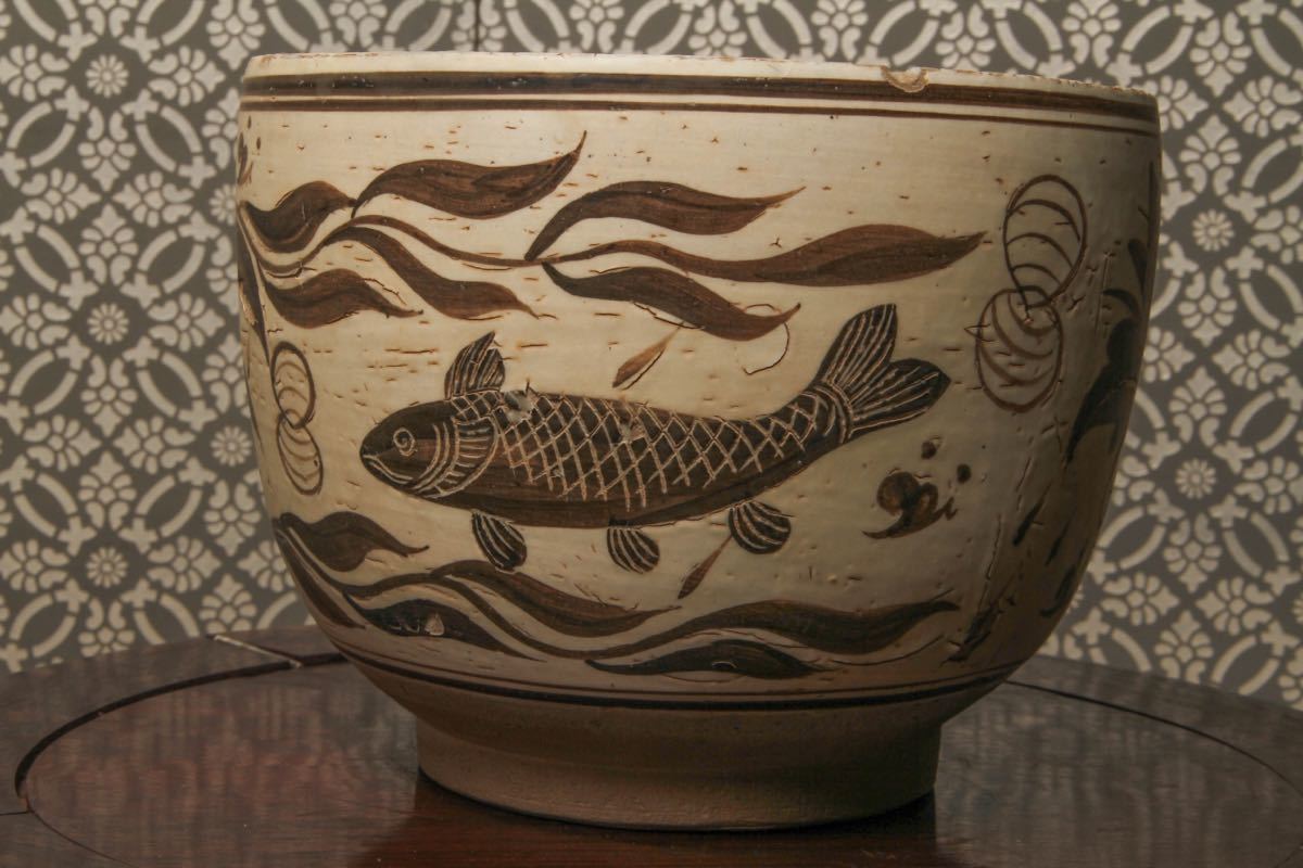 後】M011【岐阜県田中先生コレクター旧蔵品】磁州窯魚紋鉢 古