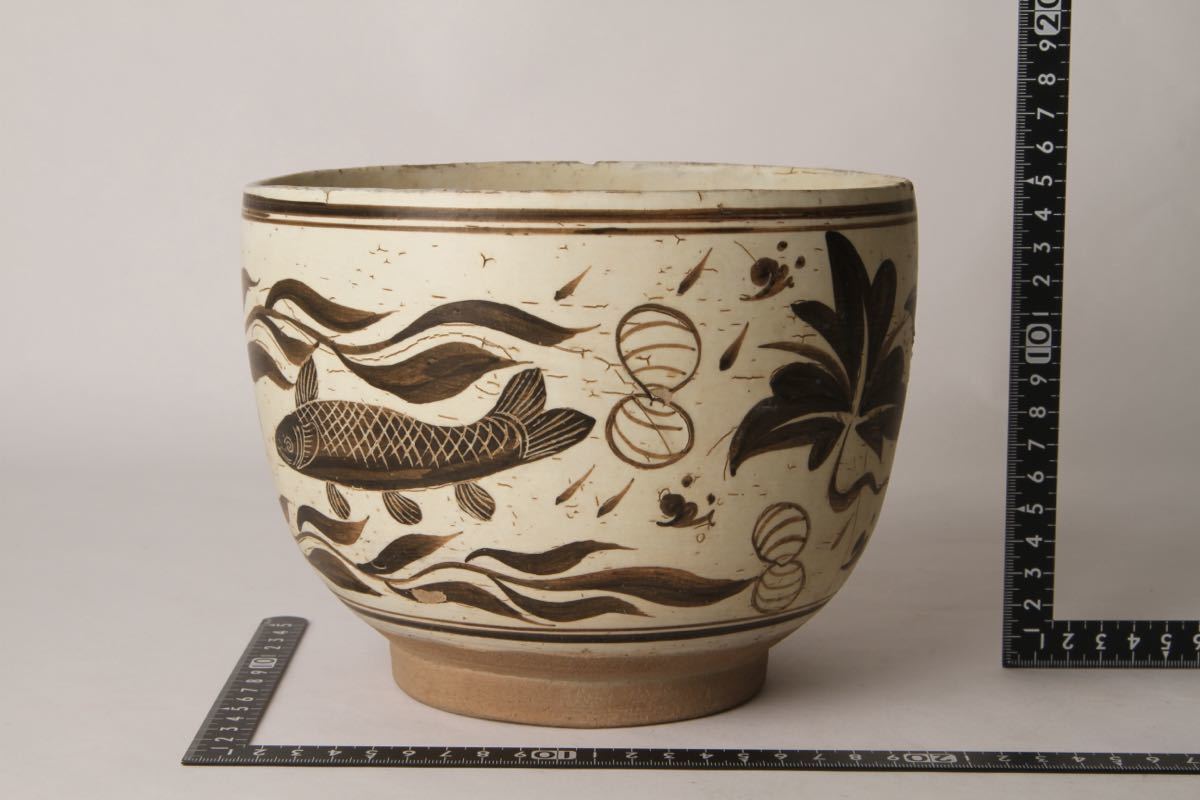 後】M011【岐阜県田中先生コレクター旧蔵品】磁州窯魚紋鉢 古
