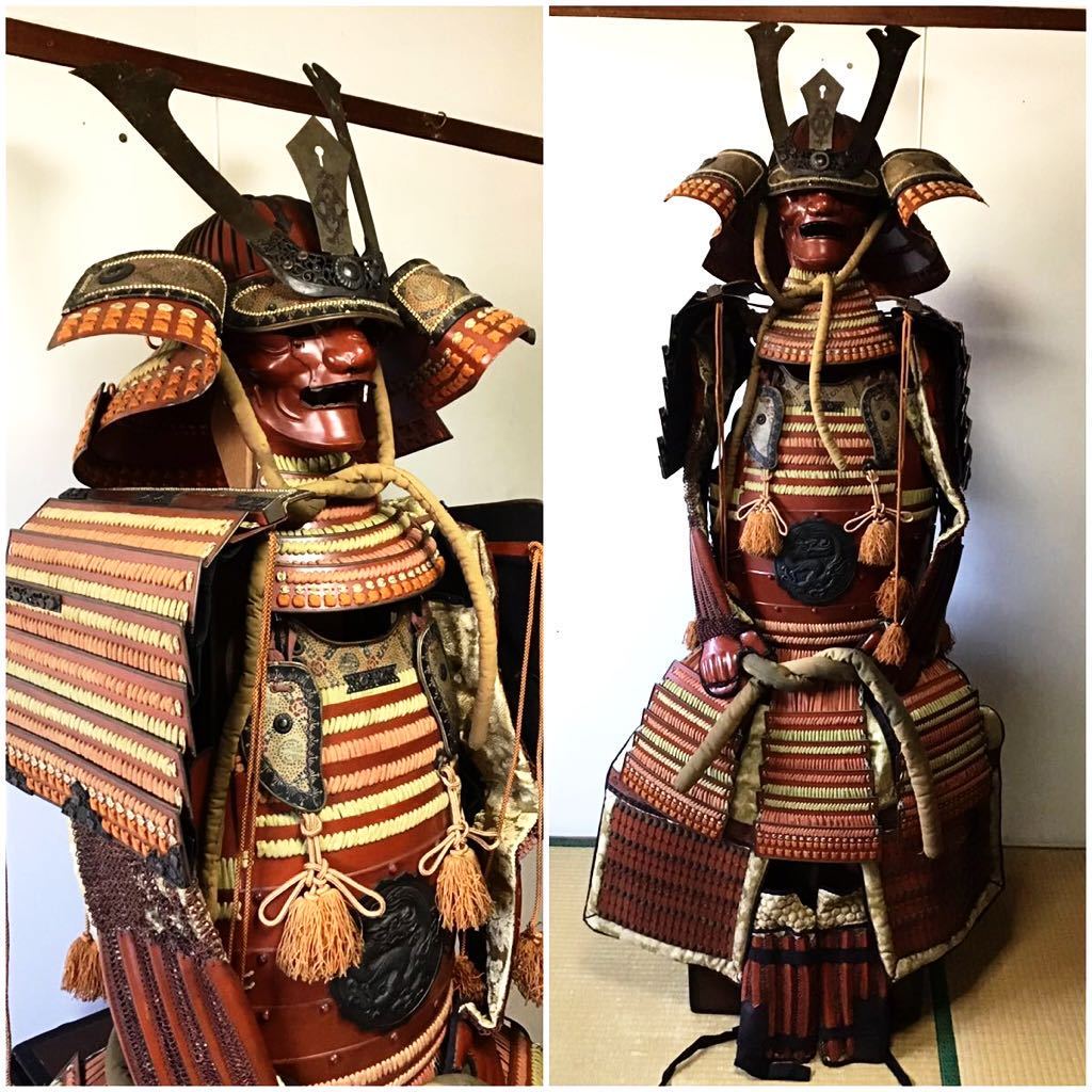 甲冑 等身大 箱入 鎧 面頬 大鎧 鎧兜 一式 戦国武将 武具 鎧櫃 侍 色々威丸胴具足 当世具足 三十六間筋星兜 龍紋鎧(甲冑(兜、鎧 ...