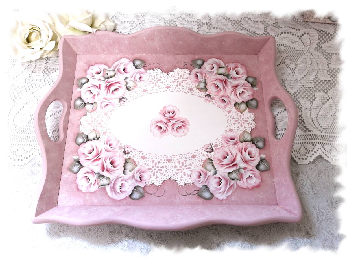 薔薇のトレー(大）☆トールペイント☆ハンドメイド☆バラ☆お盆