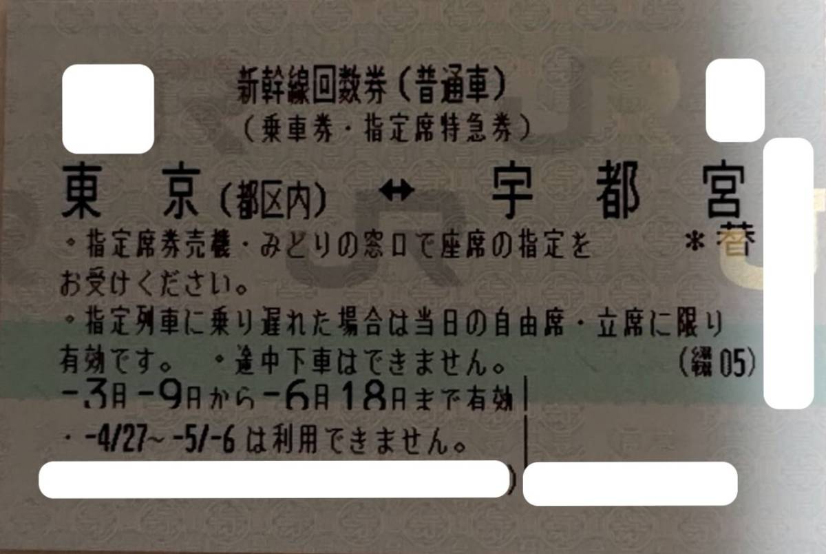 東京 都区内 ー宇都宮 新幹線回数券 2枚セット 21年6日