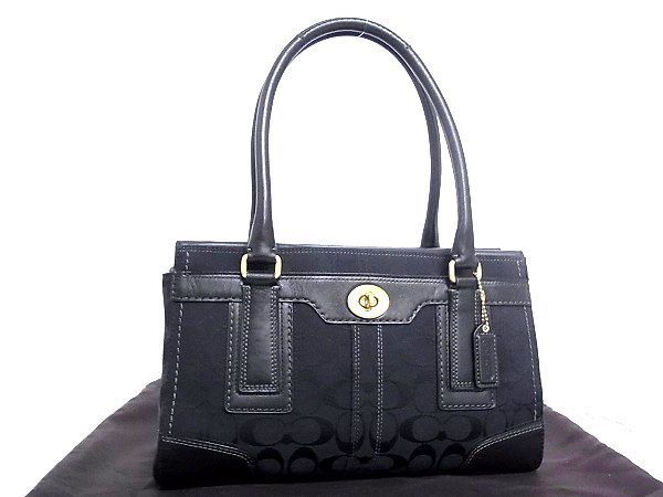 1円 ■美品■ COACH コーチ 11062 シグネチャー キャンバス×レザー ゴールド金具 ハンドバッグ ショルダー 肩掛け ブラック系 M0825qk