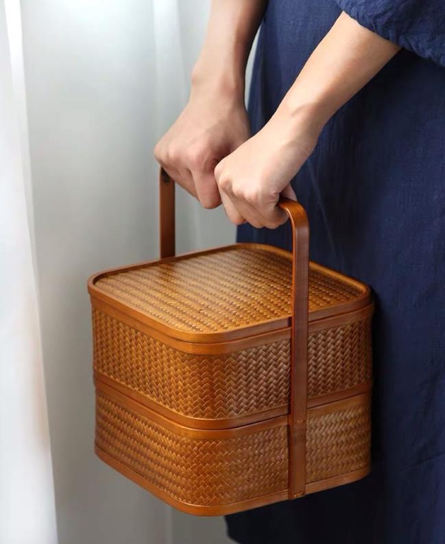 極上品 竹細工 茶道収納 蓋付竹カゴ 手作工芸品 菓子折り 便攜 新品
