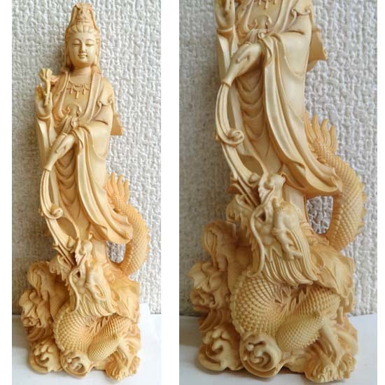 珍蔵品 龍乗観音 観音像 木製 17cm 箱付き　木彫り 縁起物 開運 ☆ PayPay(ペイペイ)決済可能 ☆ 札幌市 豊平区 平岸 珍蔵品 龍乗観音 観音像 木製 17cm 箱付き 木彫り 縁起物 開運