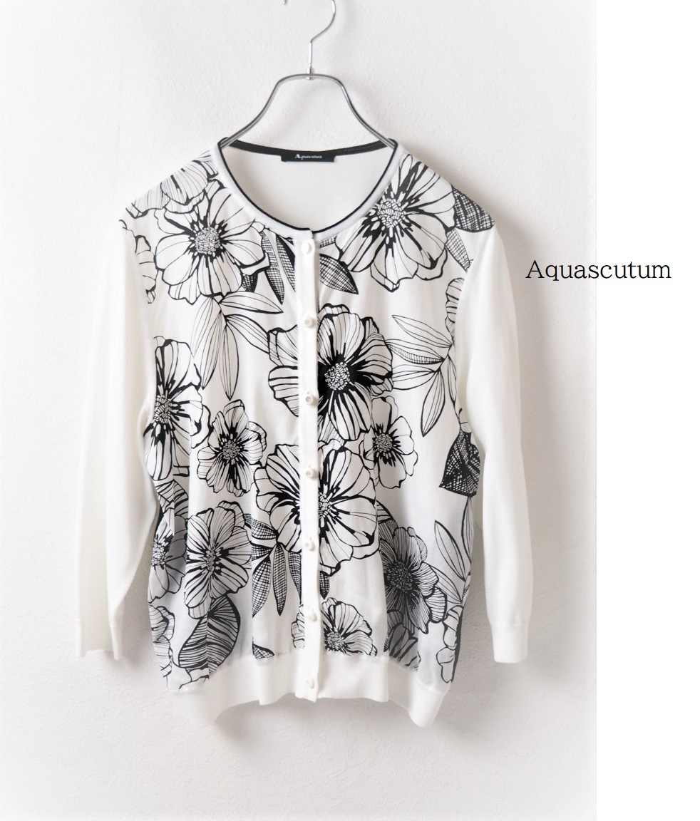 ★Aquascutum アクアスキュータム★白 花柄 異素材 切替 ニットカーディガン レディース フラワープリント